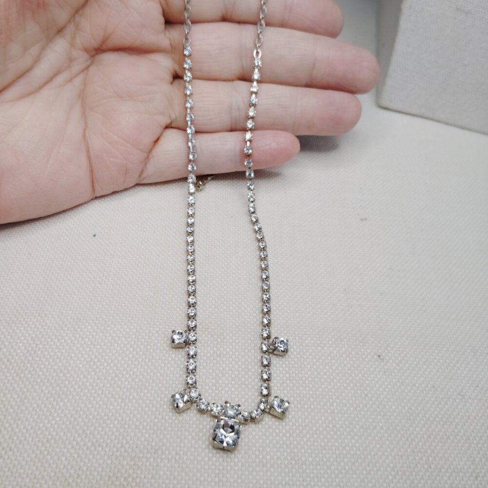 Vintage Silver Tone Rhinestone Choker Necklace Prong Set 16 Inch
